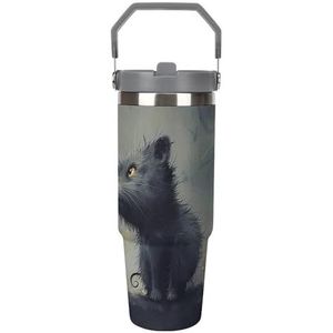 FHECVBN Grote capaciteit auto beker koffie beker kat foto's koffie mok flip stro beker roestvrij staal beker geïsoleerde beker reizen mok 30oz