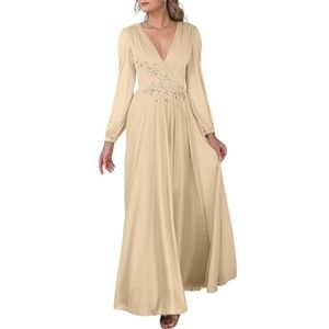KIYNE Dames V-hals chiffon moeder van de bruid jurken met kant appliqué formele trouwjurk feestjurk, Champagne, 32