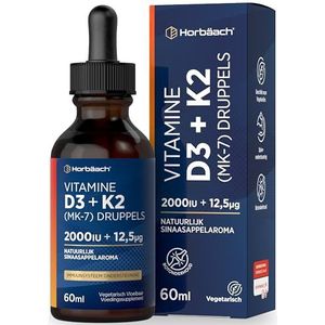 Vitamine D3 K2 Druppels 60ml | Vitamin D3 2000 iu & 12.5µg K2 MK7 | Hoge Dosis | Premium All-Trans Vegetarisch D3 + K2 | van Horbaach