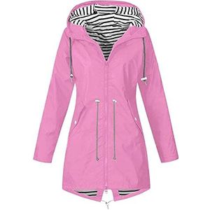 Dames outdoor eenkleurige jas middellange outdoor jas met capuchon waterdicht en winddicht windjack overgangsjas voor wandelen top coat ademend regenjas S-3XL, roze, Small,