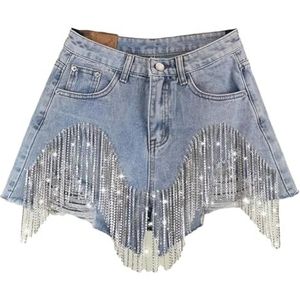 Vrouwen Zomer Gescheurde Jeans Korte Hoge Taille Diamant Kwastje Denim Shorts Kleding, Blauw, M