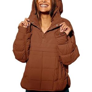 ELizoop Oversized donsjack met capuchon voor dames, gewatteerde lichte jas met lange mouwen, warme gewatteerde pullover voor de winter, Bruin, XL