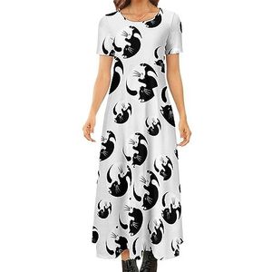 Yin Yang Lucky Cat dames zomer casual korte mouwen maxi-jurk ronde hals bedrukte lange jurken 4XL