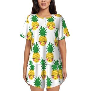 YQxwJL Pineapple1 Print Vrouwen Pyjama Sets Shorts Korte Mouw Lounge Sets Nachtkleding Casual Pjs Met Zakken, Zwart, M