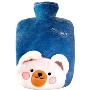 Warmwaterkruik met deksel, 2000 ml warmwaterzak voor warm en koud kompres, handvoetwarmer voor de winter, mooie beer-blauw