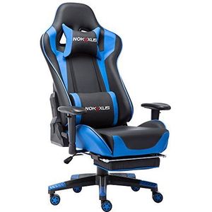 Nokaxus Gamingstoel Groot formaat High-back Ergonomische Racing Seat met Massager Lumbale Ondersteuning en Intrekbare Voetsteun PU Leer 90-180 graden aanpassing van de rugleuning Verdikking sponzen (Yk-6008-blauw)