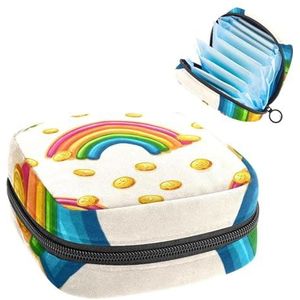 Draagbare maandverband Opbergtas, Menstruatiecup Pouch Vrouwelijke Menstruatie Pads Tas voor Tiener Meisjes, Tampons Eerste Periode Kit, Regenboog en Gouden Munten St Patrick's Day Patroon
