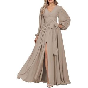 QSAW480 Bruidsmeisjesjurken voor dames, lange mouwen, V-hals, baljurk, geplooid, chiffon, formele avondjurk met split, Taupe, 56 NL/Plus