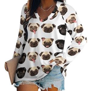 Zwart Geel Bulldog Vrouwen Casual Lange Mouw T-shirts V-hals Gedrukt Grafische Blouses Tee Tops M
