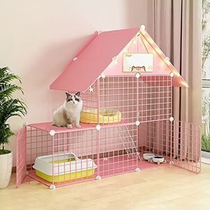 Kattenkooi binnen, grote kattenkooien afneembare kattenbehuizing huisdierkooien voor katten, met kattenhangmat en kattennest, oefenplaats ideaal voor 1-3 kat, roze (maat: 111 x 39 x 110 cm)