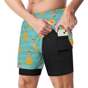 Flamingo En Ananas Grappige Zwembroek met Compressie Liner & Pocket Voor Mannen Board Zwemmen Sport Shorts