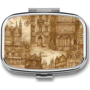 Oud gebouw pillendoos met gouden print, medicijnpillenorganisator, kleine pillenetui, reispillencontainer, draagbare pillendoos voor zak, pillenhouder met 2 compartimenten voor op reis