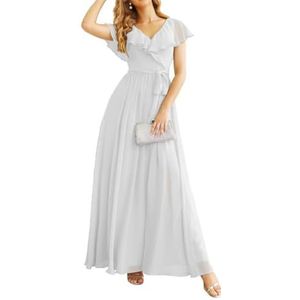Chiffon bruidsmeisjesjurk met vleermuismouwen, lang, met zakken, V-hals, geplooid, formele jurk voor moeder van de bruid, Wit, 34