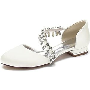 Vrouwen Ronde Neus Satijnen Bruiloft Flats voor Bruid Strass Witte Trouwschoenen Mary Janes Avond Prom Party Bruids Jurk Pumps,ivoor,36 EU