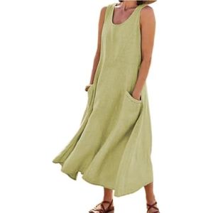 HHuiXinXue Mouwloze maxi-jurk voor dames, zomer, effen kleuren, linnen, lange jurk, modieus, vloeiende, etno-jurk met zakken, Groen, L