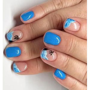 Press-On Nagels Franse Tips Nep Vierkant Valse Met Kokosnoten Boom Ontwerpen Volledige Covers Kunstmatige Acryl Ontwerp Valse Nail