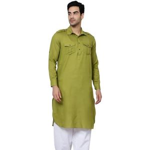 Lakkar Haveli Mannen Pakistaanse traditionele olijf Shirt Kurta Bruiloft Party Wear Grote Lange Witte Pyjama Broek Set Katoen, Groen, 3XL