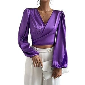 dames topjes Cropped satijnen blouse met halslijn en lantaarnmouwen (Color : Violet Purple, Size : M)