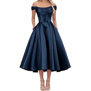AHERKLL Thee Lengte Bruidsmeisjes Jurken voor Junioren Off Shoulder Satijn Avond Cocktail Party Maxi Jurk met Zak HAH050, marineblauw, 44