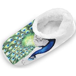 Kunst Pauw Dier Veer Groen Huis Slippers Warm Fuzzy Pantoffels Sokken met Grippers Heren Dames Zacht Comfortabel Gevoerd, Schattig Cartoon, Medium