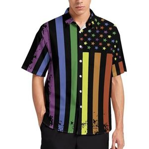 Regenboog VS Gay Pride vlag zomer herenoverhemden casual korte mouw button down blouse strand top met zak L