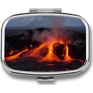 Kilauea Vulkaan Bedrukte Draagbare Pillencontainer Reizen Pillen Gevallen met Spiegel 2 Compartiment Geneeskunde Doos Decoratieve Metalen Geneeskunde voor Pocket Portemonnee Reizen Dagelijks