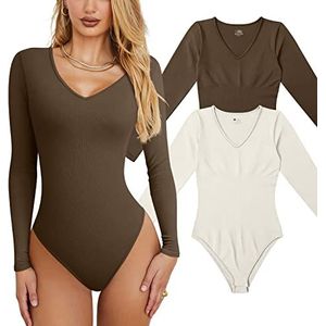 Gursac Sexy geribbelde bodysuit met lange mouwen voor dames - 2-delige V-hals eendelige buikverstevigende shapewear bodysuit, Koffie beige, S