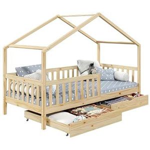 Profiwood Huisbed met Lades - Eenpersoons Kinderbed met Opbergruimte - Fijn Geschuurde Houten Structuur - Massief Grenenhout - Natuurlijke Kleur - Geen Matras - 90x190 cm