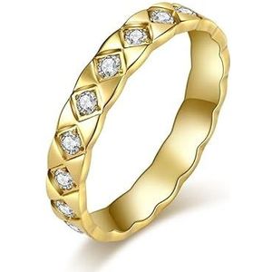 Koude wind roestvrij staal gegraveerde diamanten ruit met diamanten damesring ring fortitanium staal vol diamanten handsieraden (Color : Golden, Size : 8#)