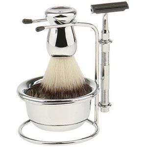 Mens Baard Scheren Grooming Kit met Borstel Rechte Scheermes Kom Veiligheid Stand