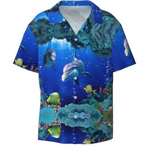 TyEdee Underwater World Fish Dolphi Print Heren Korte Mouw Overhemd met Zak Casual Button Down Shirts Business Shirt, Zwart, XXL