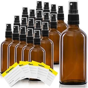 Oputec 20 x 100 ml spuitflessen van glas met verstuiver + 20 etiketten, bruine glazen flessen met fijne sproeikop, kleine pompspray-fles
