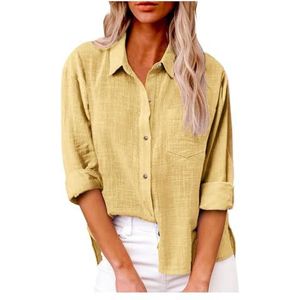 Dames katoenen linnen button-down overhemd 2024 lente casual effen kleur shirts met lange mouwen losse werktops met zakken(Color:Turmeric,Size:3XL)