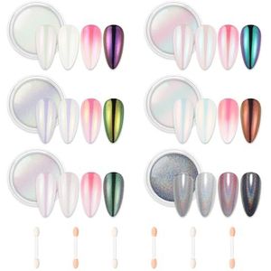AIMEILI 6 Kleuren Acryl Nagel Poeder Parel Effect, Chroom Pigment Glans Manicure Polish, Regenboog Decoratie Chroom Kameleon Schelp, Met 6 Wattenstaafjes