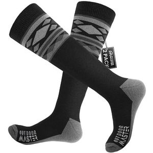OutdoorMaster 2 paar uniseks skisokken van merinowol voor dames en heren, wintersnowboarding ademende sokken voor outdoorsporten met OTC-design/antislip manchetten