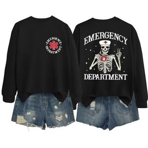 MLZHAN Spoedeisende Afdeling In Front Print Vrouwen Halloween Sweatshirts Grappige Skelet Verpleegster Hoed Cup De Terug Print Shirt, Zwart, S
