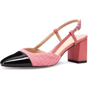 MIRAAZZURRA Dames slingback pumps gesloten ronde teen blokhak tweekleurige casual dikke hakken kantoorschoenen, Roze Tweed, 36 EU