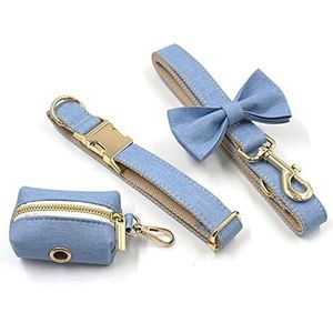 Hondenriem lichtblauw denim gepersonaliseerde hondenhalsband en riem set strik hondenharnas meisje hondenlood (kleur: zilver, maat: L hals 49-55cm)