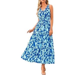 YYUHNGBN Vrouwen Zomerjurken Casual V-hals Mouwloze Maxi-jurken Schattige bloemen lange jurk Bruiloft Gast Jurk,Light blue,L