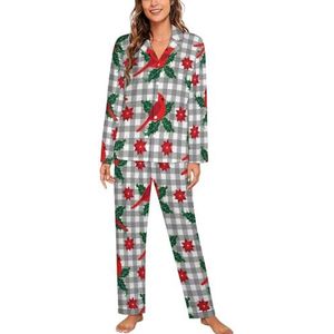 Kardinaal vogel hulstbladeren en kerstster bloemen lange mouwen pyjama sets voor vrouwen klassieke nachtkleding nachtkleding zachte pyjama sets lounge sets
