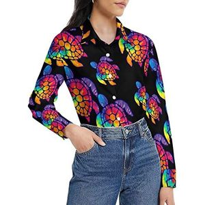 Tie Dye Cool Sea Turtle-1 Damesshirt met lange mouwen, button-down blouse, casual werkshirts, tops, 2XL