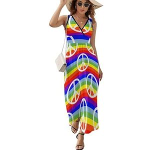 Regenboog Vredesvlag voor dames, mouwloos, V-hals, maxi-jurk, casual, zomer, lange jurk