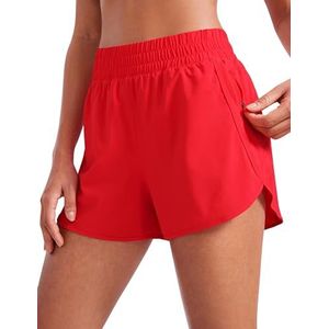 CRZ YOGA Dames Korte Sport Broek Running Broek Hoge Taille Fitness Sport Shorts Korte Broek met Rits Pocket Diep rood S