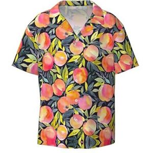 OdDdot Kleurrijke perzikprint herenoverhemden atletisch slim fit korte mouw casual zakelijk overhemd met knopen, Zwart, XL