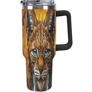 40 oz roestvrijstalen beker met handvat blauwe ogen Bobcat grote capaciteit autobeker lekvrije reisbeker koffiemok dubbel drinkdeksel waterfles geschenken voor mannen vrouwen