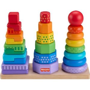 Fisher-Price Peuterspeelgoed houten stapelvormensorteerder, 26 houten stukken voor kinderen vanaf 18 maanden