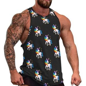 Eenhoorn met gesloten ogen regenboog heren tanktop grafische mouwloze bodybuilding T-shirts casual strand T-shirt grappig gym spier