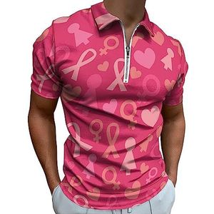 Roze lint hart poloshirt voor mannen casual rits kraag T-shirts golf tops slim fit