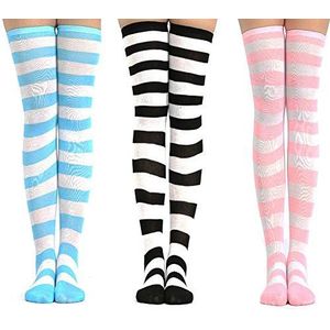 linjinde 3 paar kniekousen, schattig gestreept, set voor dames, tieners en meisjes, kawaii, kleurrijk, roze, wit, overknee, lange kousen, strepen, gekarteld, hoge sokken, dikke hoge sokken voor