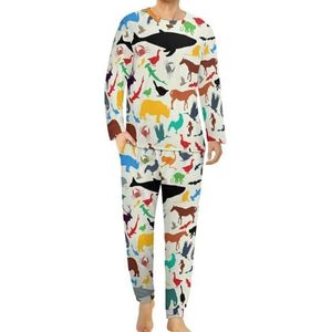 Kleurrijke Dieren Comfortabele Heren Pyjama Set Ronde Hals Lange Mouw Loungewear met Zakken 3XL